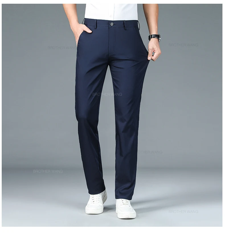 Bamboo Fiber Fabric Men's Casual Pants Summer New Ultra-thin Elastic Soft Straight Business Trousers Classic Black Khaki Gray