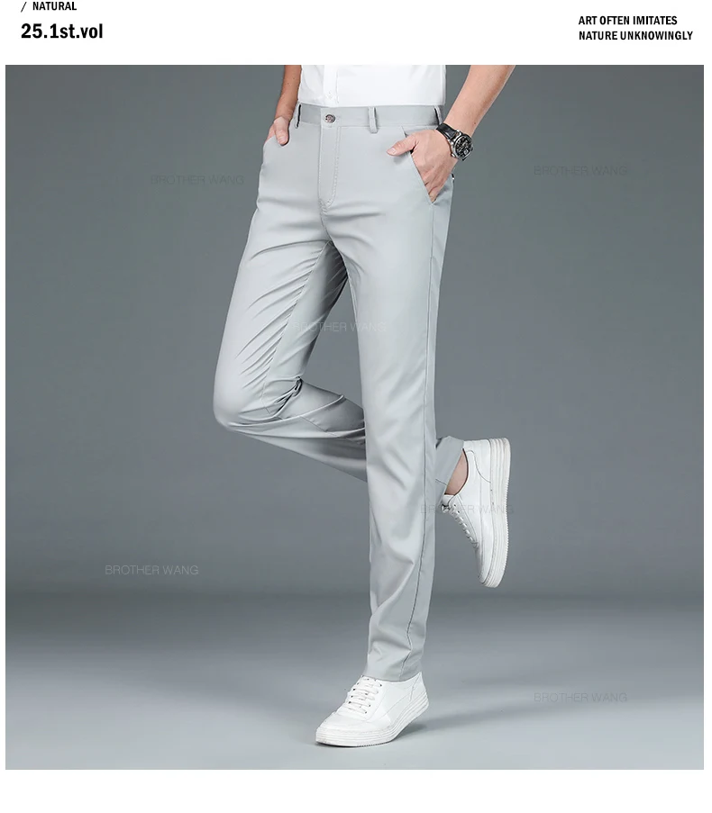 Bamboo Fiber Fabric Men's Casual Pants Summer New Ultra-thin Elastic Soft Straight Business Trousers Classic Black Khaki Gray