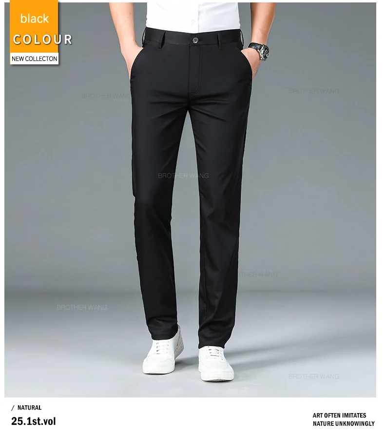 Bamboo Fiber Fabric Men's Casual Pants Summer New Ultra-thin Elastic Soft Straight Business Trousers Classic Black Khaki Gray