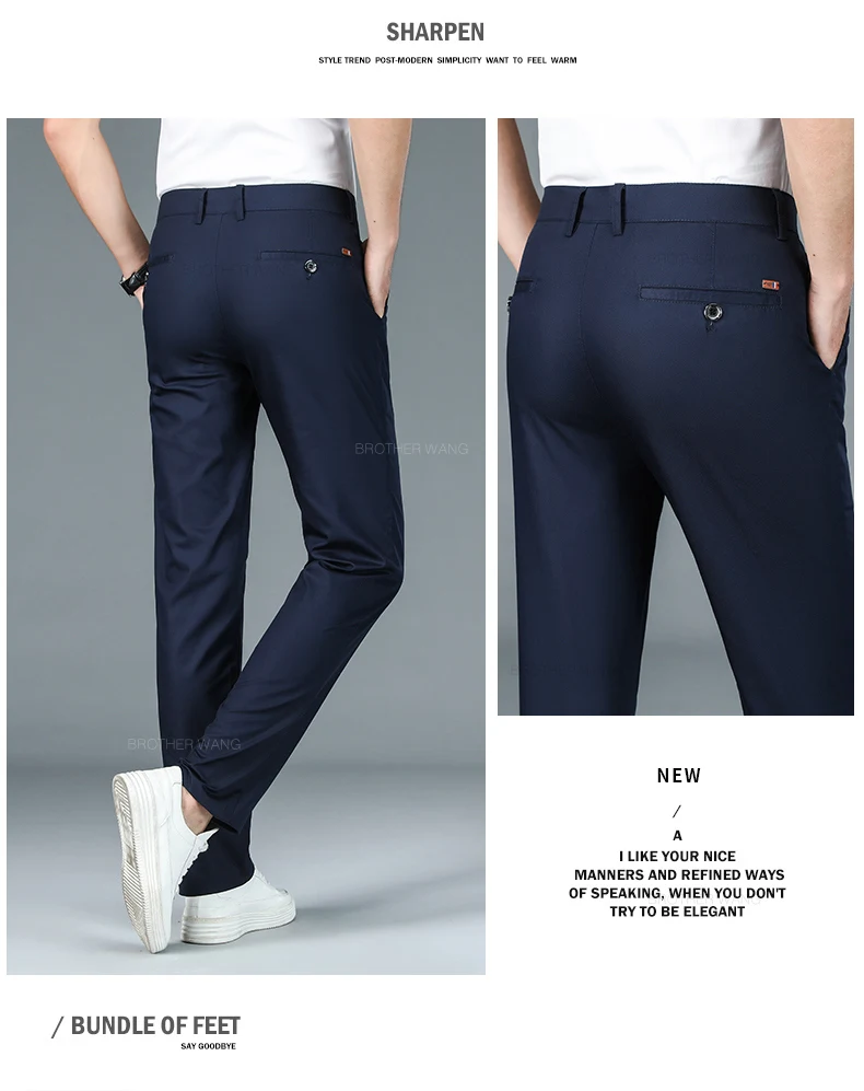 Bamboo Fiber Fabric Men's Casual Pants Summer New Ultra-thin Elastic Soft Straight Business Trousers Classic Black Khaki Gray