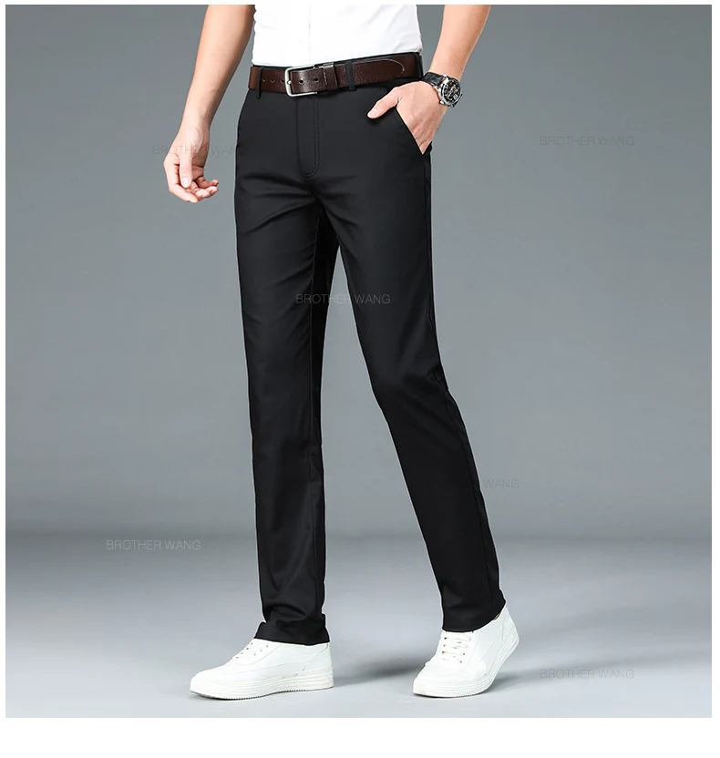 Bamboo Fiber Fabric Men's Casual Pants Summer New Ultra-thin Elastic Soft Straight Business Trousers Classic Black Khaki Gray