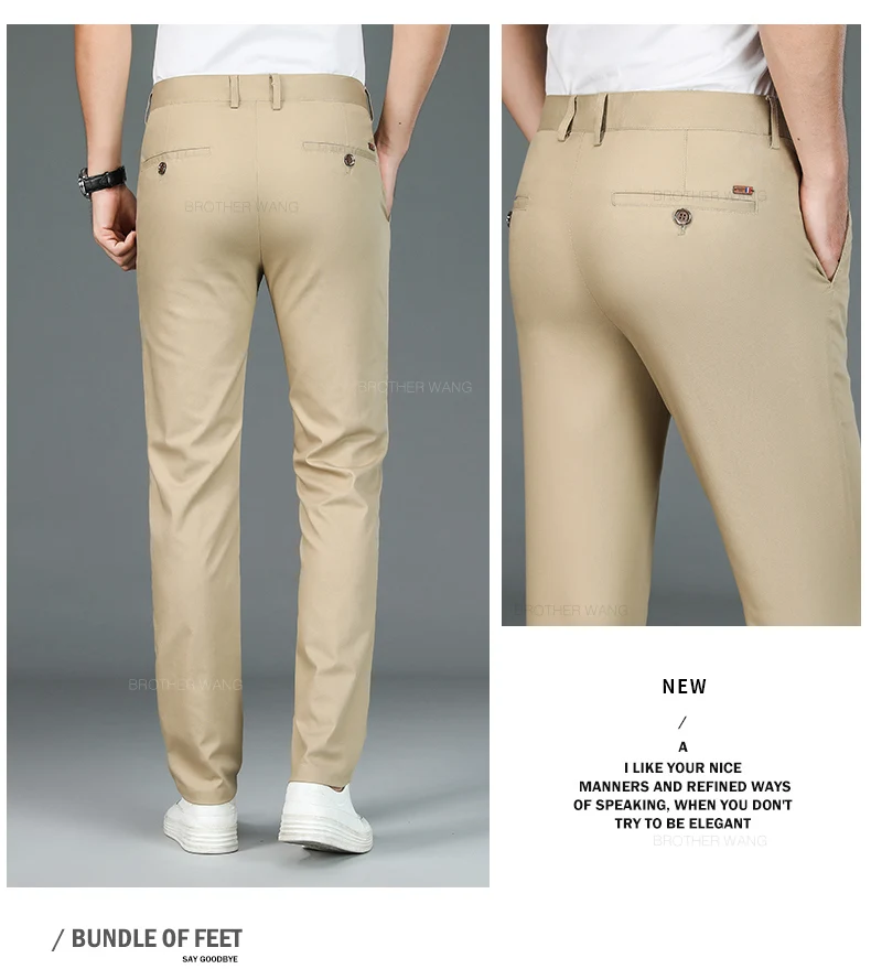 Bamboo Fiber Fabric Men's Casual Pants Summer New Ultra-thin Elastic Soft Straight Business Trousers Classic Black Khaki Gray