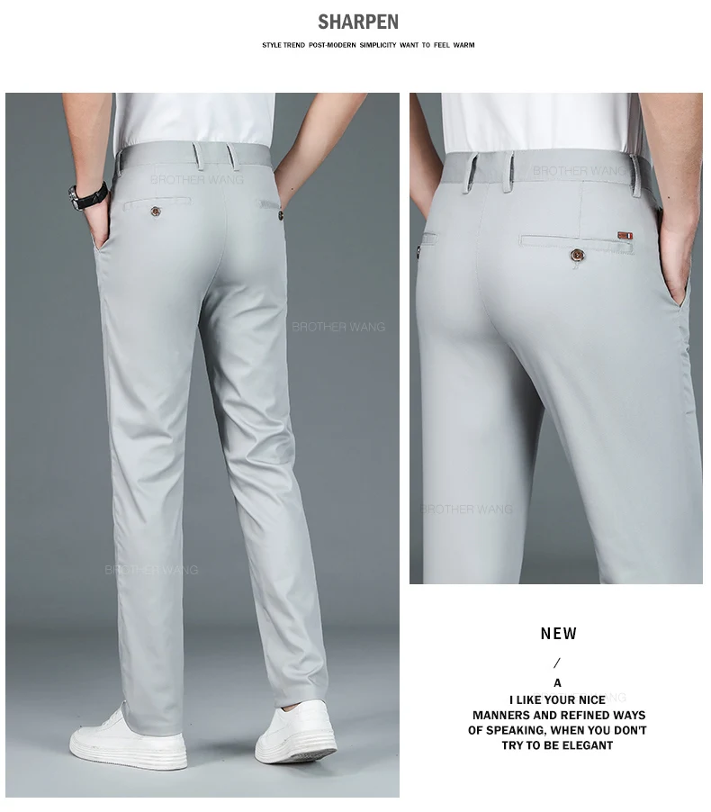 Bamboo Fiber Fabric Men's Casual Pants Summer New Ultra-thin Elastic Soft Straight Business Trousers Classic Black Khaki Gray