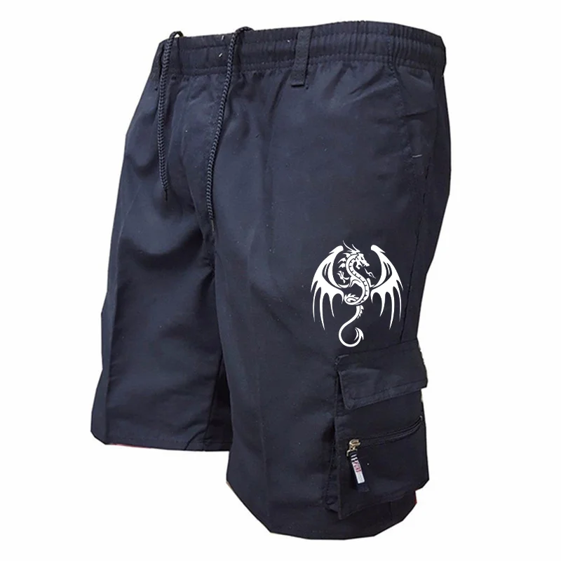 Summer Men's Casual Shorts Men's Loose Multi-Pocket Beach Casual Shorts Funny Western Dragon Printed Work Shorts
