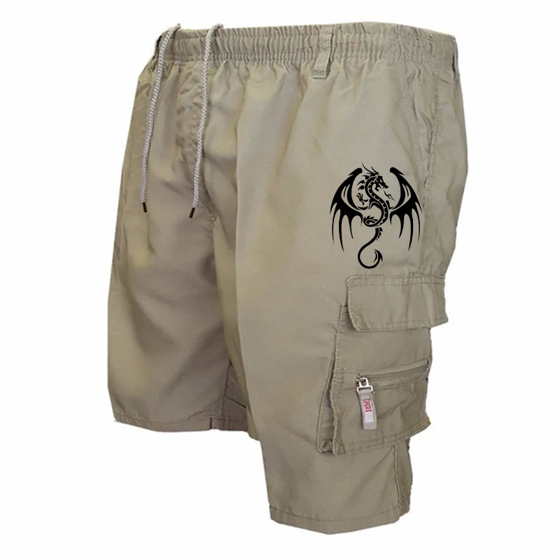 Summer Men's Casual Shorts Men's Loose Multi-Pocket Beach Casual Shorts Funny Western Dragon Printed Work Shorts