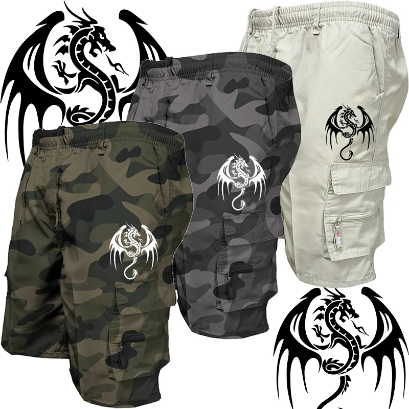 Summer Men's Casual Shorts Men's Loose Multi-Pocket Beach Casual Shorts Funny Western Dragon Printed Work Shorts