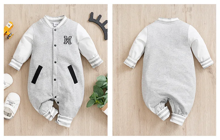 Newborn Baby Baseball Clothes 0 3 6 9 12 Months Boston Cotton Long Sleeve Footies Toddler Boy Clothes Kids Jumpsuit gray pajamas