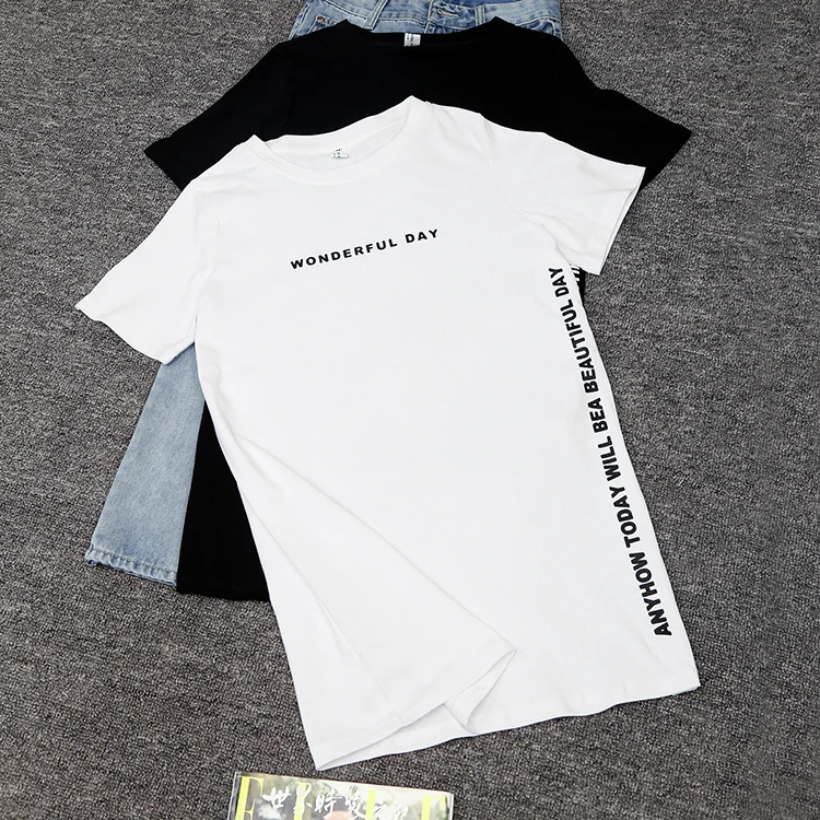 WONDERFUL DAY Print Long T shirts Summer Women Loose Slit Femme Tops Tshirt Short sleeve Ladies t-shirt