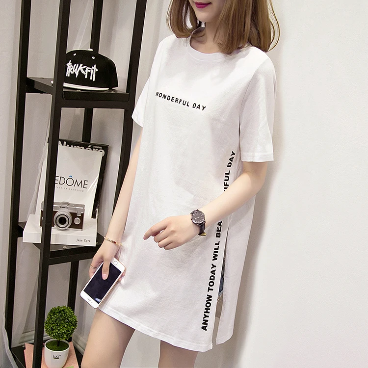 WONDERFUL DAY Print Long T shirts Summer Women Loose Slit Femme Tops Tshirt Short sleeve Ladies t-shirt