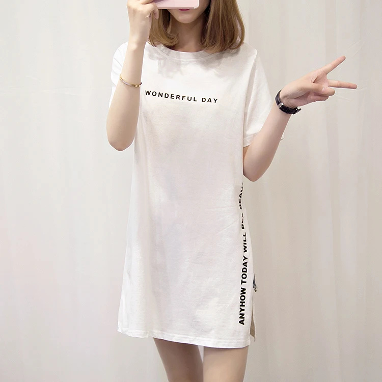 WONDERFUL DAY Print Long T shirts Summer Women Loose Slit Femme Tops Tshirt Short sleeve Ladies t-shirt