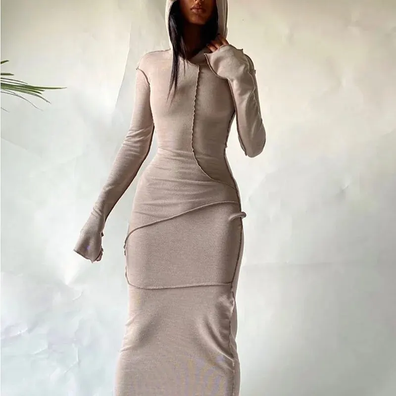 Dulzura Women 2024 Autumn Winter Fashion Long Sleeve Streetwear Bodycon Black Long Dress Wholesale Items For Business