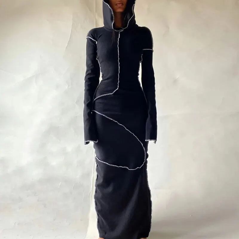 Dulzura Women 2024 Autumn Winter Fashion Long Sleeve Streetwear Bodycon Black Long Dress Wholesale Items For Business