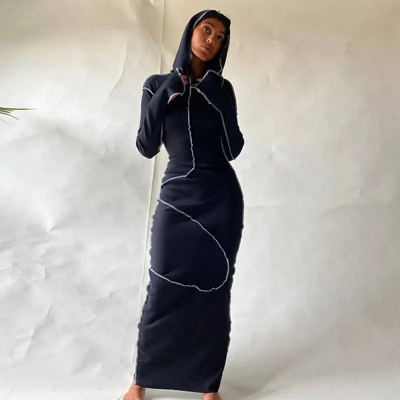 Dulzura Women 2024 Autumn Winter Fashion Long Sleeve Streetwear Bodycon Black Long Dress Wholesale Items For Business
