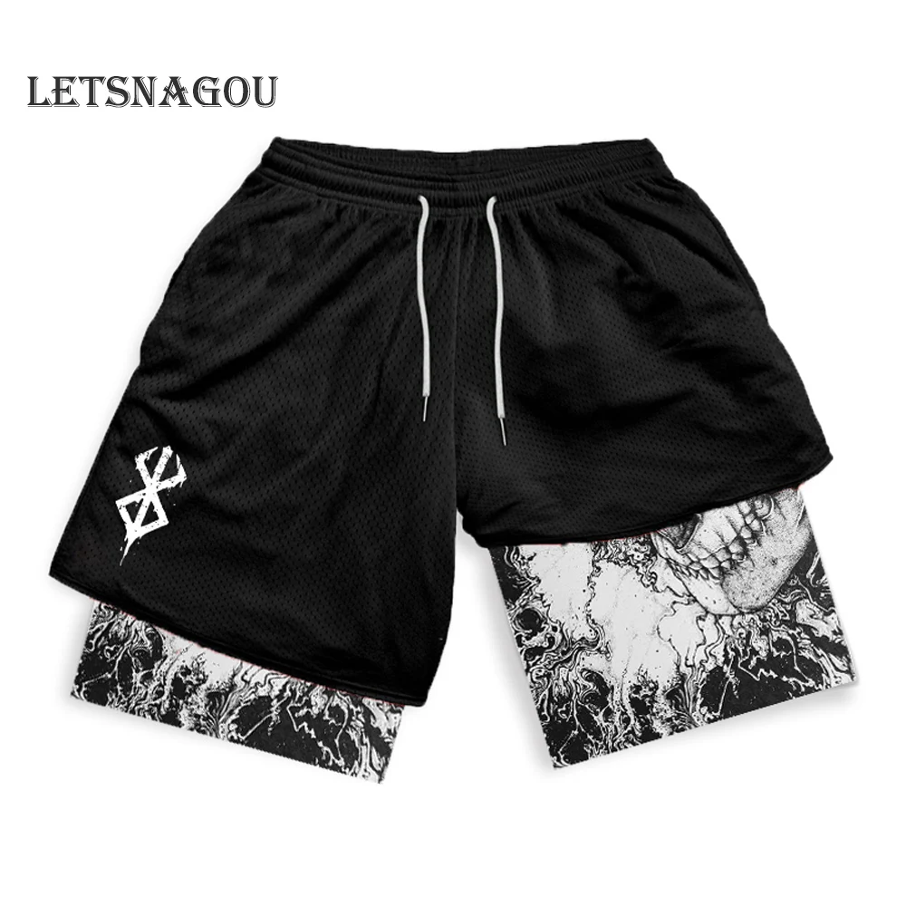 Men's Compression Shorts Anime Print Double Layer 2-in-1 Performance Shorts Breathable Quick-Drying Elastic Workout Shorts