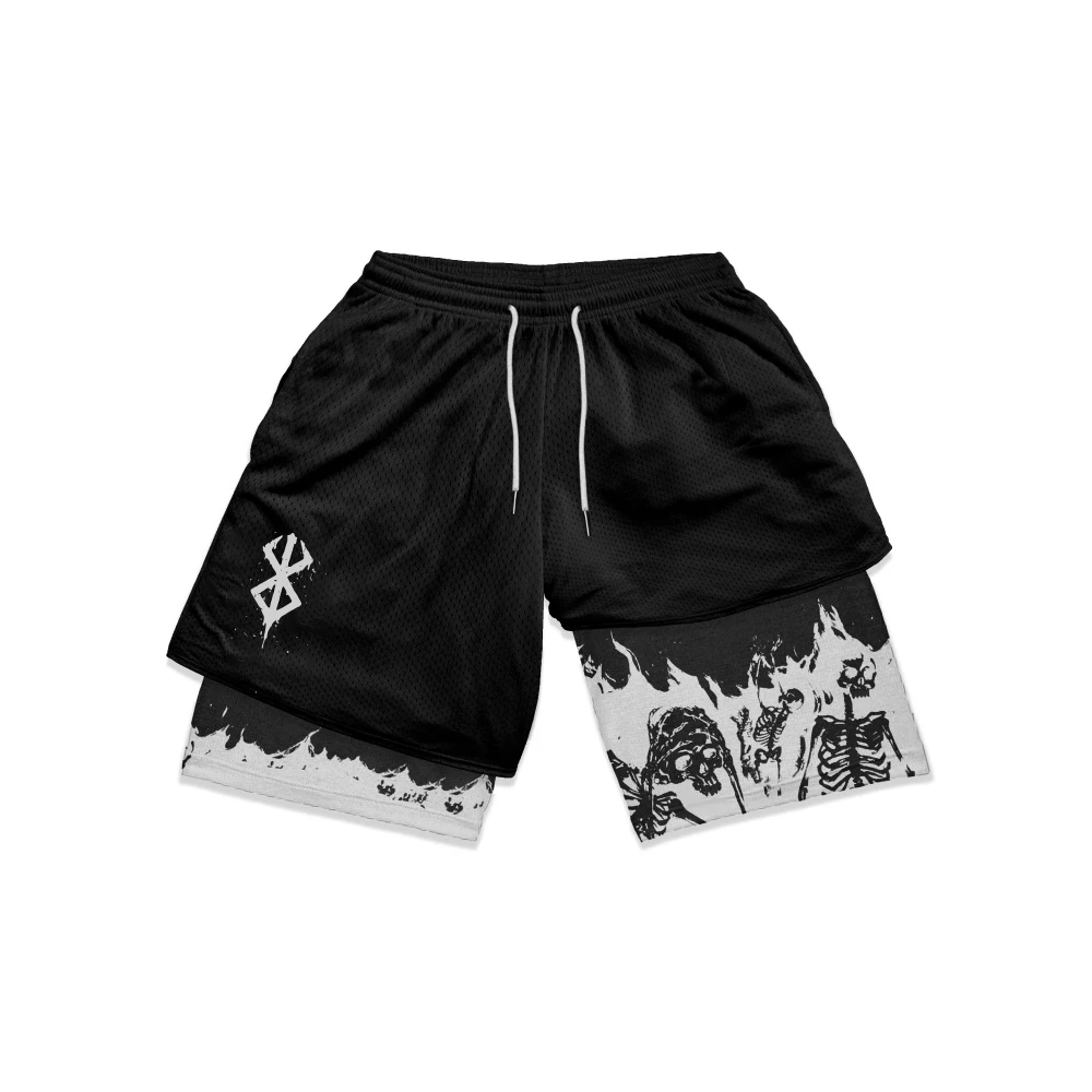 Men's Compression Shorts Anime Print Double Layer 2-in-1 Performance Shorts Breathable Quick-Drying Elastic Workout Shorts