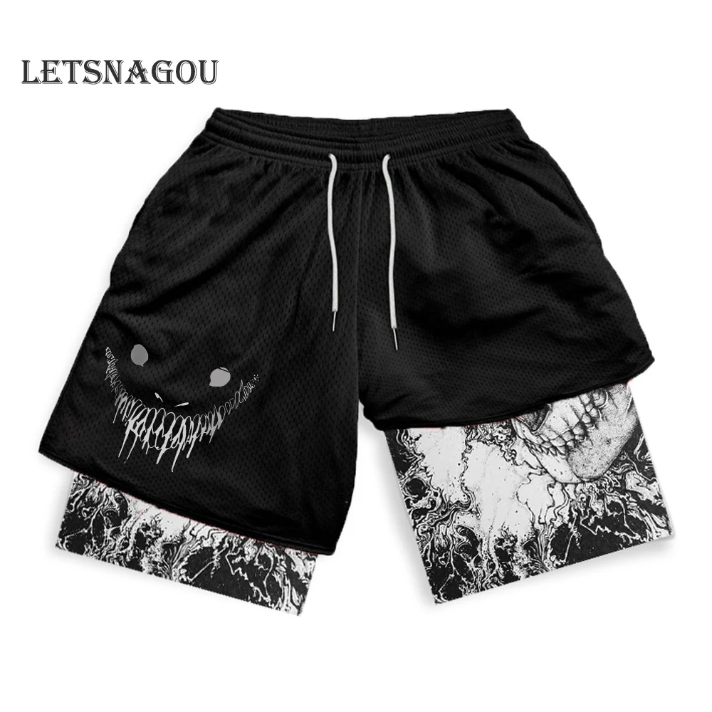 Men's Compression Shorts Anime Print Double Layer 2-in-1 Performance Shorts Breathable Quick-Drying Elastic Workout Shorts