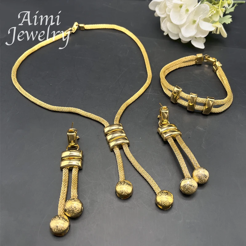 Dubai 24K Gold Plated Jewelry Set for Women Chain Beads Decor Necklace Earrings Bracelet Italian Fashion Wedding Party Gifts