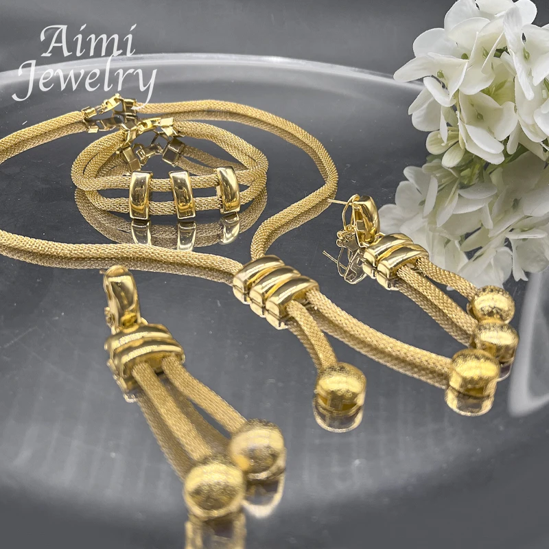 Dubai 24K Gold Plated Jewelry Set for Women Chain Beads Decor Necklace Earrings Bracelet Italian Fashion Wedding Party Gifts