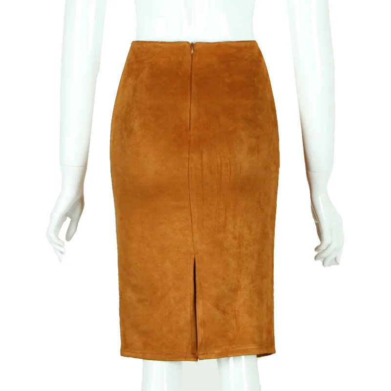 Women Skirts Suede Solid Color Pencil Skirt Female Autumn Winter High Waist Bodycon Vintage Suede Split Thick Stretchy Skirts