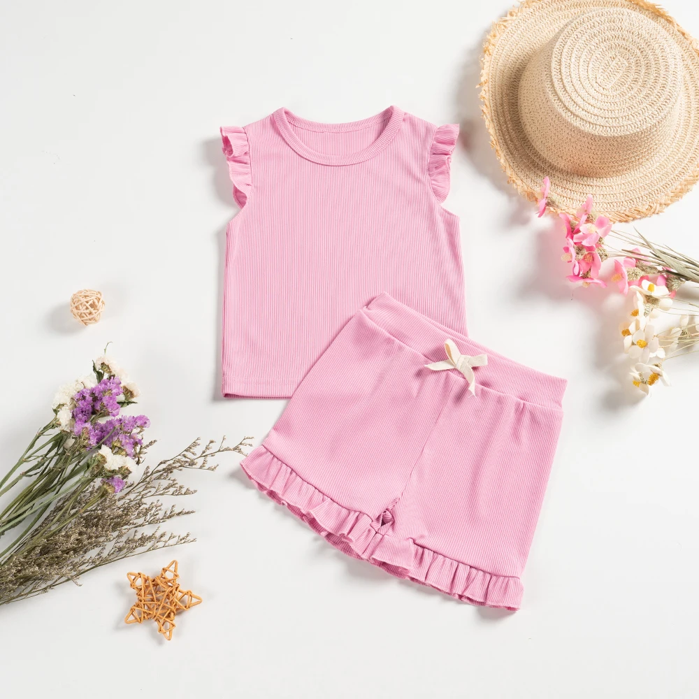 2 Piece Summer Suit for Preschool Girls Solid Color Casual Short Sleeve Shorts for Girls Comfortable and Soft Clothes