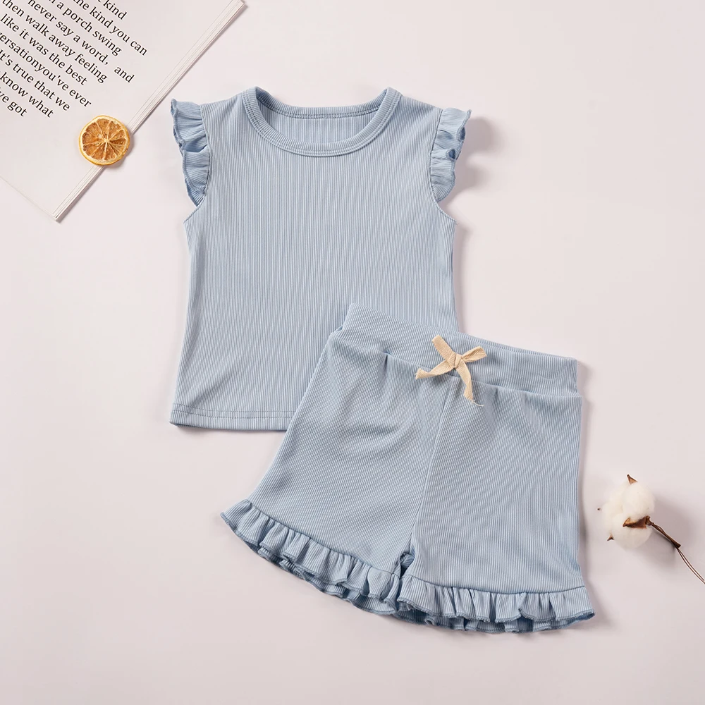 2 Piece Summer Suit for Preschool Girls Solid Color Casual Short Sleeve Shorts for Girls Comfortable and Soft Clothes