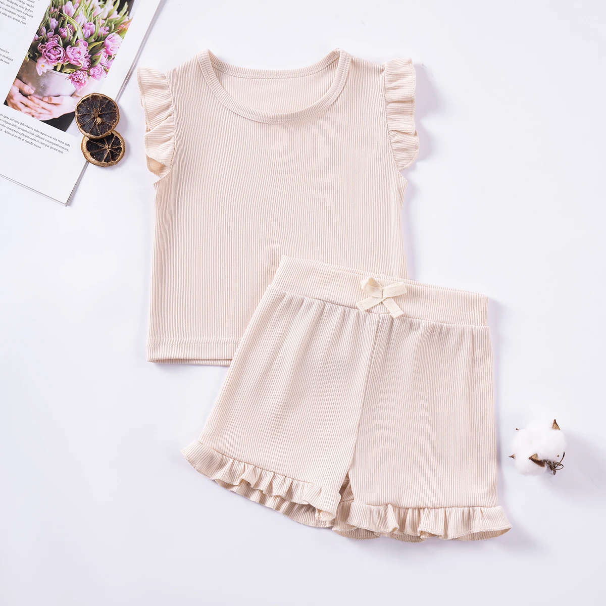 2 Piece Summer Suit for Preschool Girls Solid Color Casual Short Sleeve Shorts for Girls Comfortable and Soft Clothes