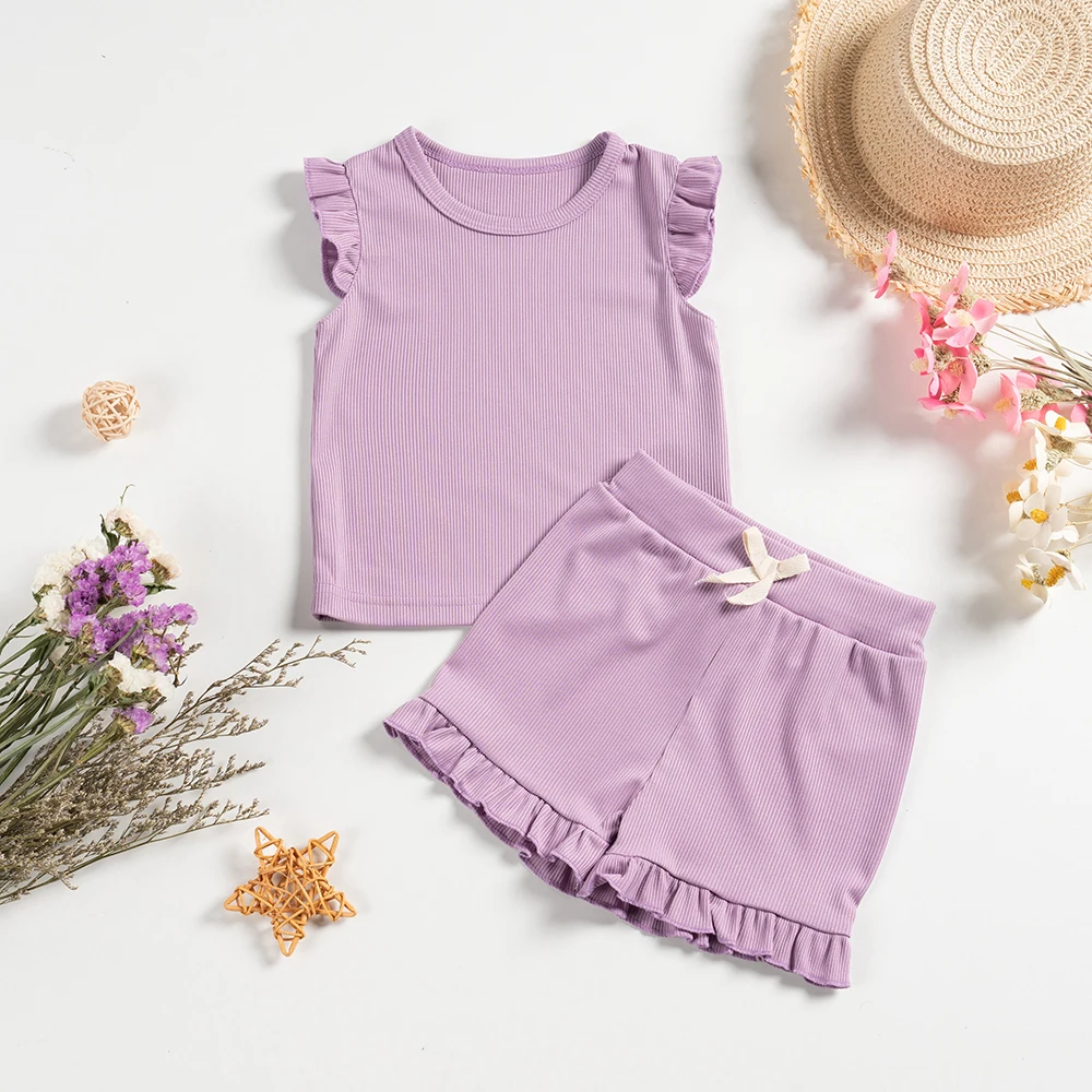 2 Piece Summer Suit for Preschool Girls Solid Color Casual Short Sleeve Shorts for Girls Comfortable and Soft Clothes