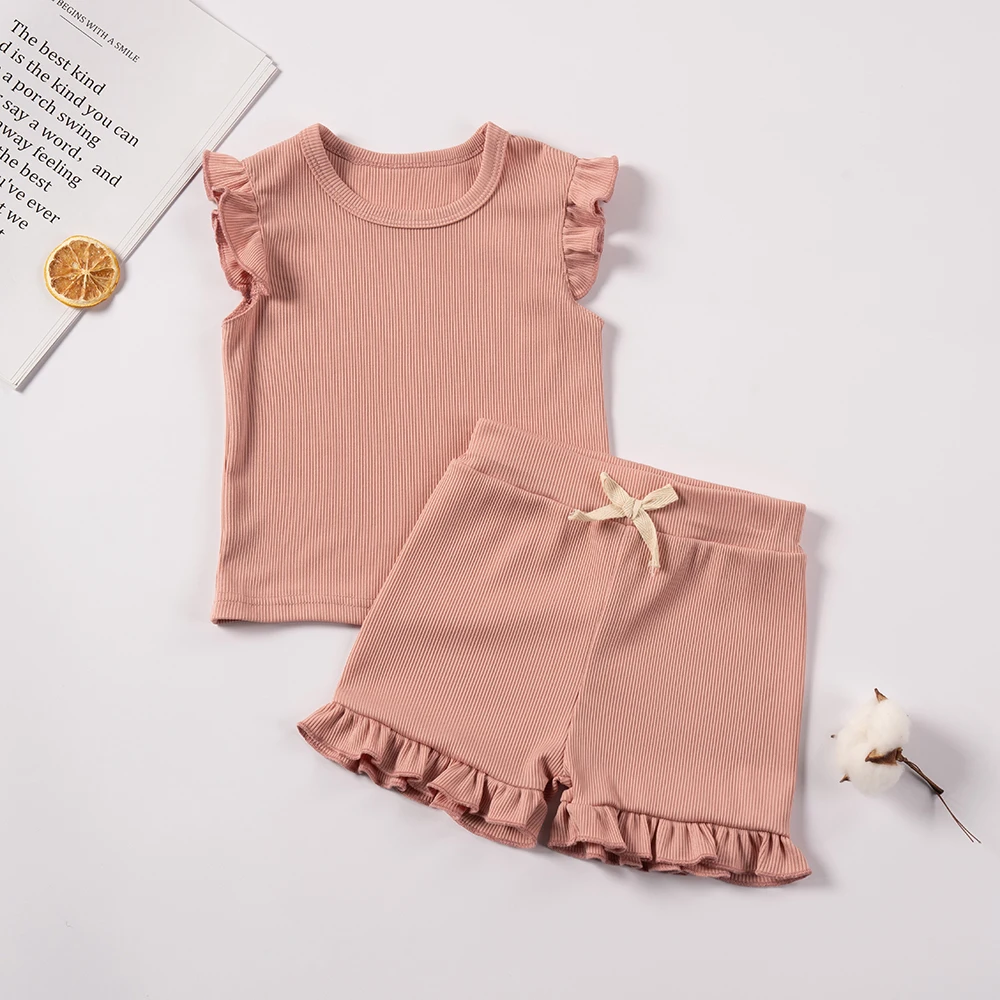 2 Piece Summer Suit for Preschool Girls Solid Color Casual Short Sleeve Shorts for Girls Comfortable and Soft Clothes