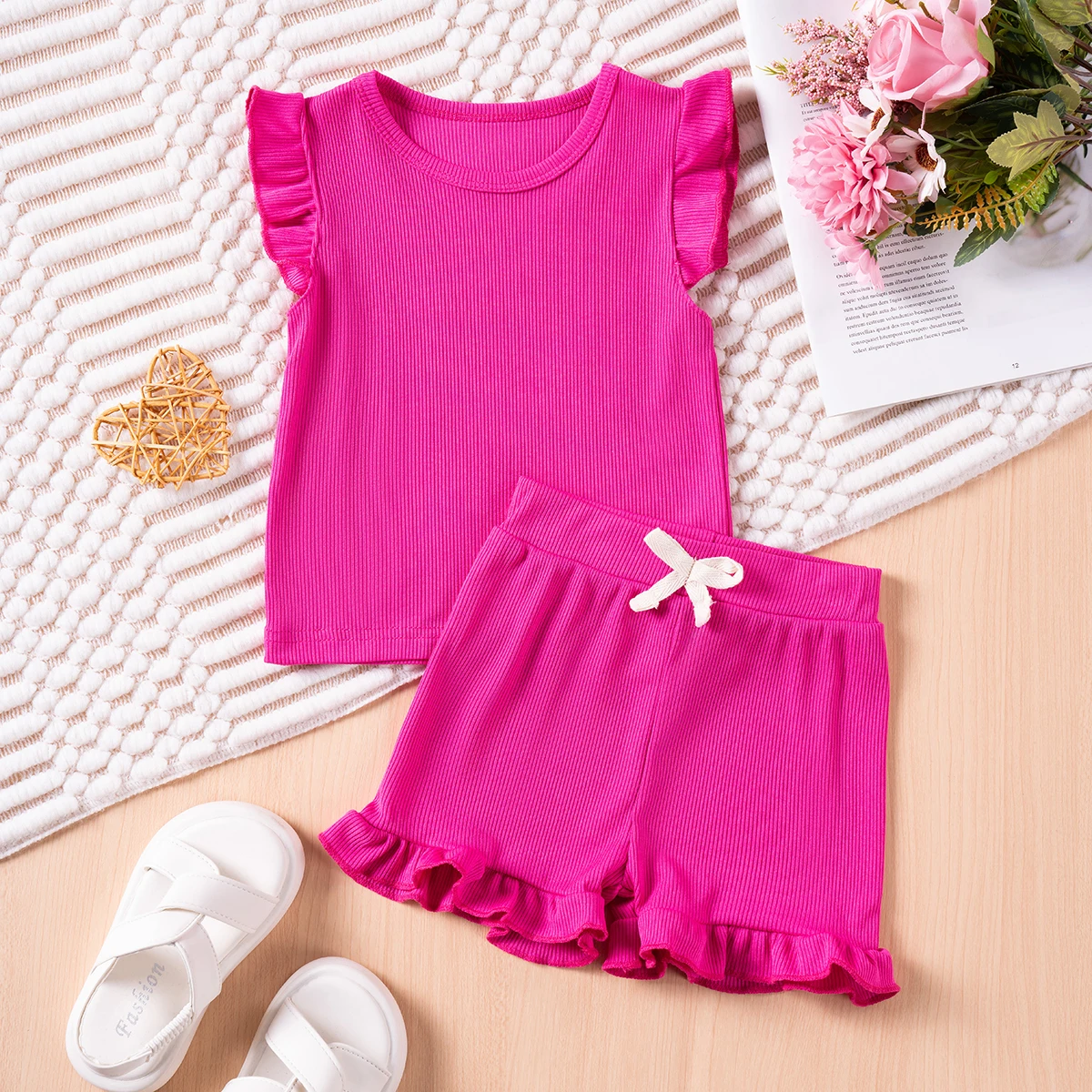 2 Piece Summer Suit for Preschool Girls Solid Color Casual Short Sleeve Shorts for Girls Comfortable and Soft Clothes
