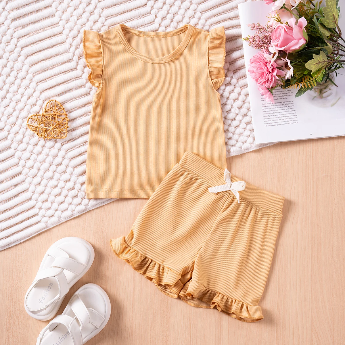 2 Piece Summer Suit for Preschool Girls Solid Color Casual Short Sleeve Shorts for Girls Comfortable and Soft Clothes