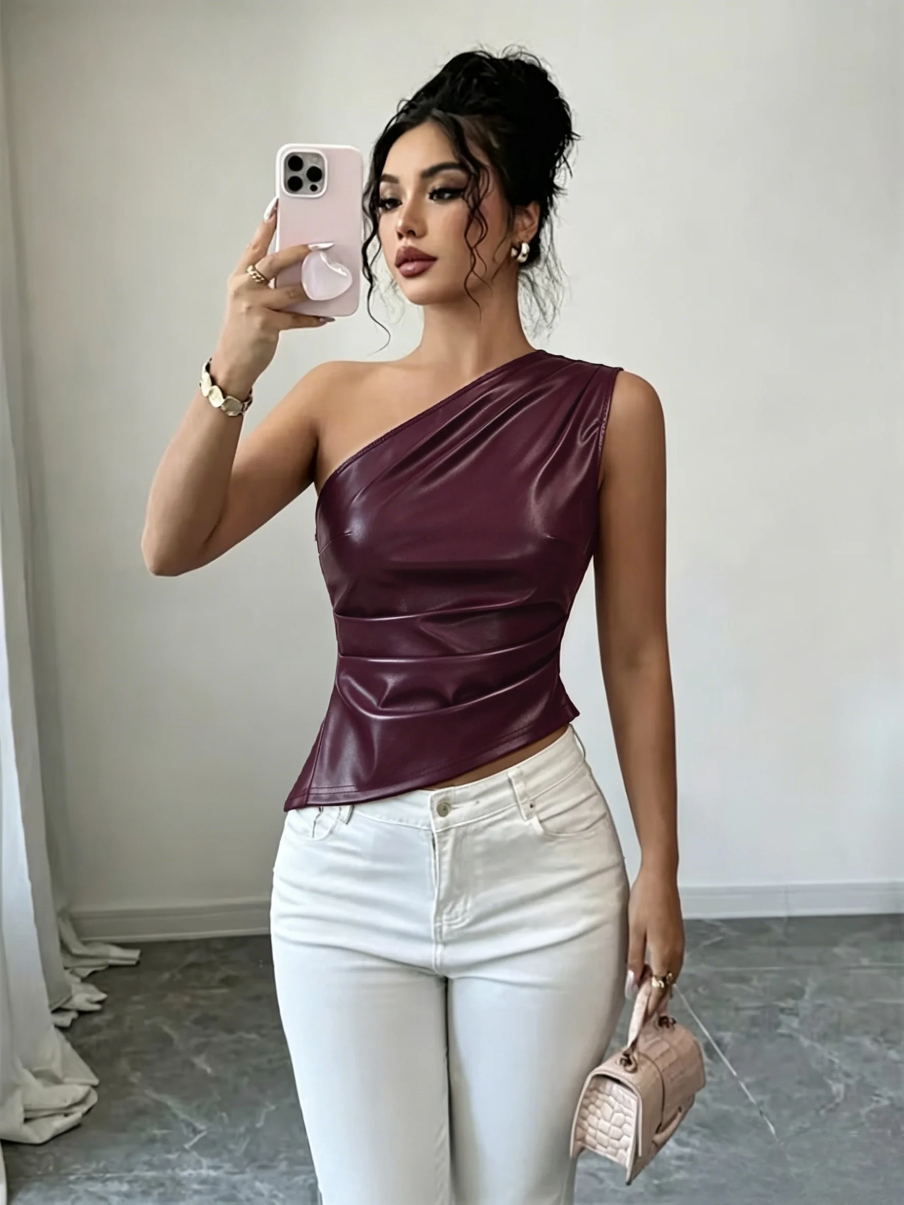 Women One Shoulder Faux Leather Tank Top Ruched Waist Slim Fit Asymmetric Hem Sleeveless Club Party Crop Top