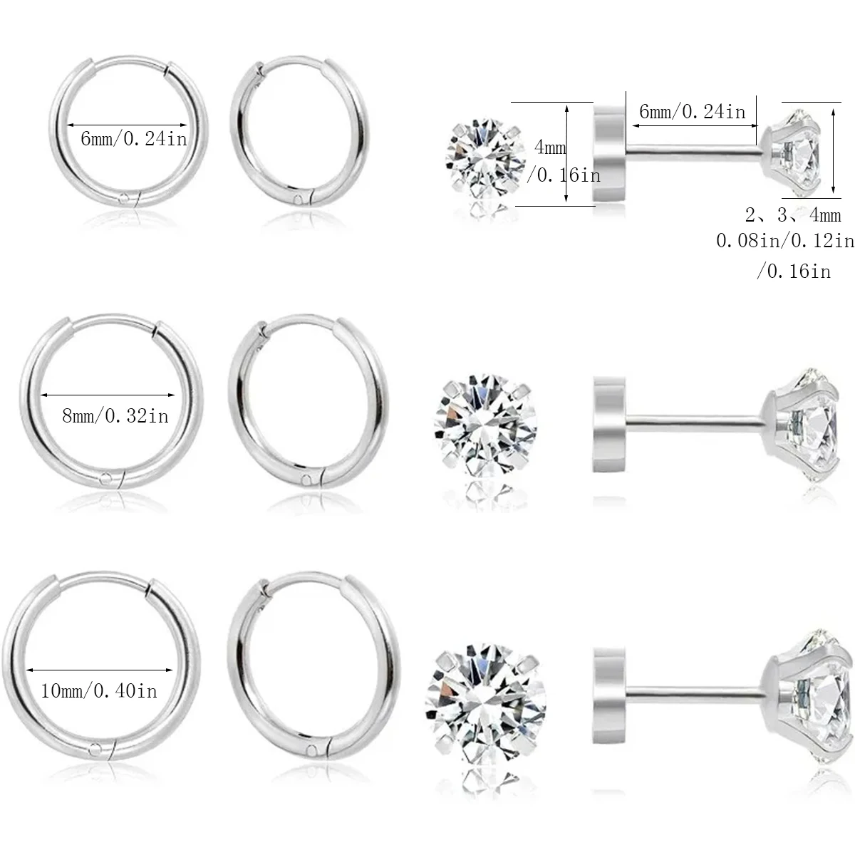 12pcs 20G Hypoallergenic Stainless Steel Flatback Stud Earrings Set for Women Men, Sparkling Cubic Zerconia Screw Back Earrings