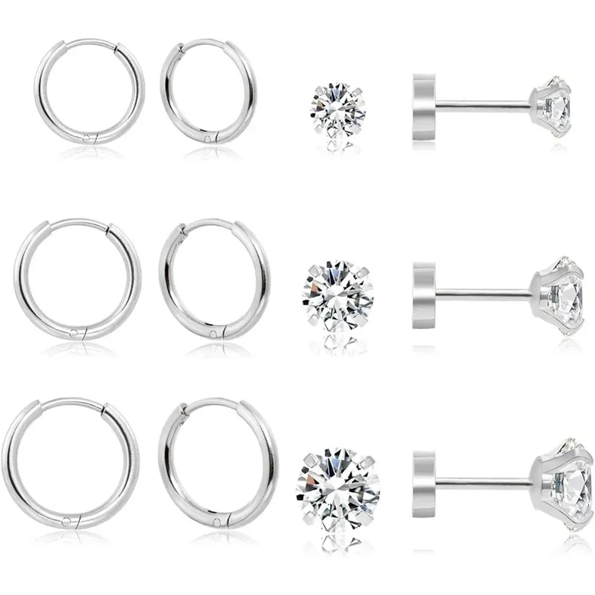12pcs 20G Hypoallergenic Stainless Steel Flatback Stud Earrings Set for Women Men, Sparkling Cubic Zerconia Screw Back Earrings