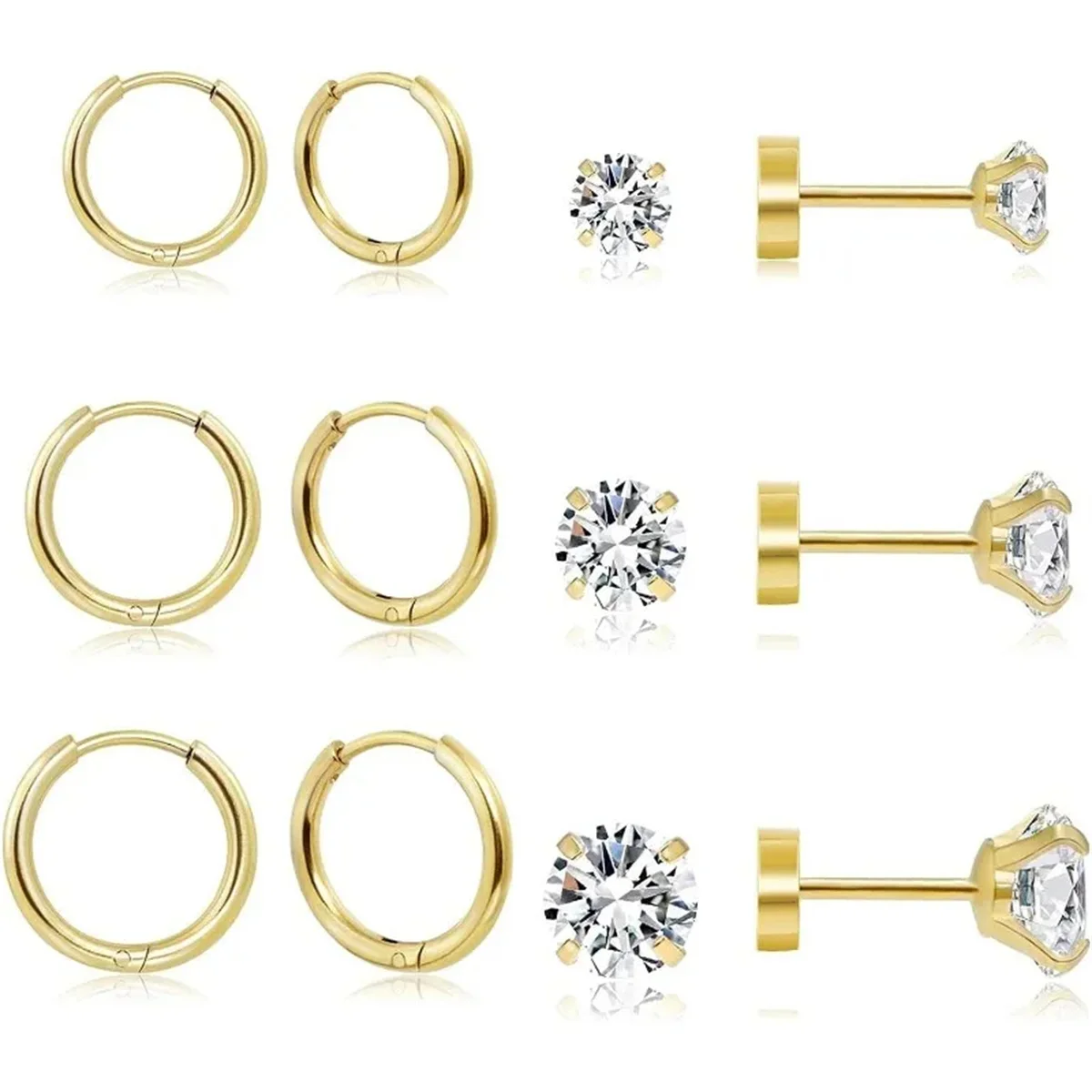 12pcs 20G Hypoallergenic Stainless Steel Flatback Stud Earrings Set for Women Men, Sparkling Cubic Zerconia Screw Back Earrings