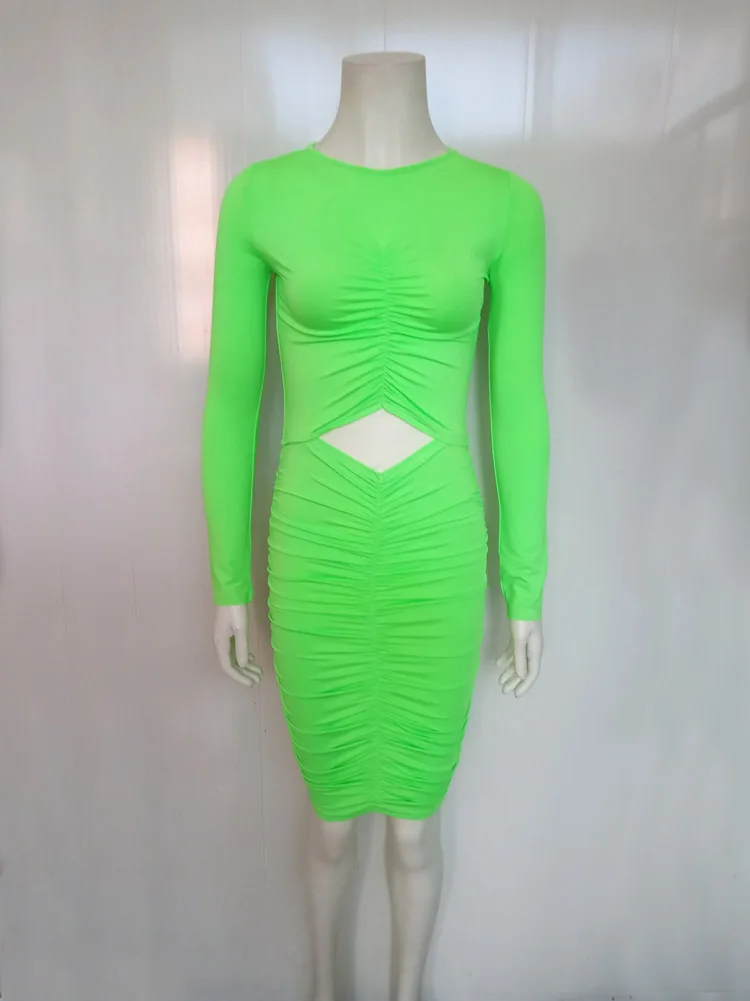 Sexy Waist Cut Out Hollow Out Folds Slim Bodycon Dress Women Long Sleeved Solid Color Skinny Evening Dress Club Party Vestidos
