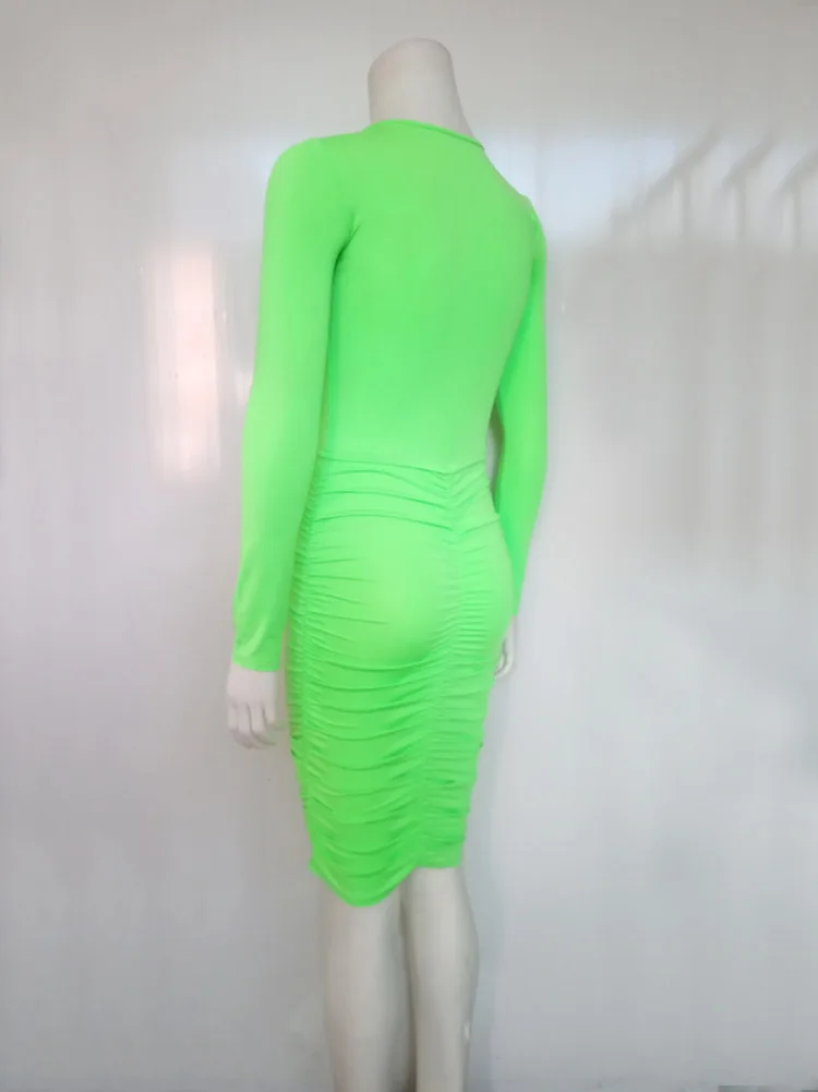 Sexy Waist Cut Out Hollow Out Folds Slim Bodycon Dress Women Long Sleeved Solid Color Skinny Evening Dress Club Party Vestidos