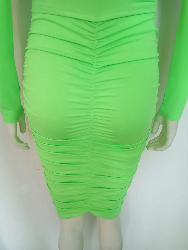 Sexy Waist Cut Out Hollow Out Folds Slim Bodycon Dress Women Long Sleeved Solid Color Skinny Evening Dress Club Party Vestidos