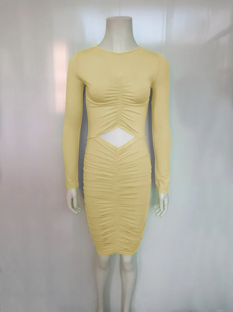 Sexy Waist Cut Out Hollow Out Folds Slim Bodycon Dress Women Long Sleeved Solid Color Skinny Evening Dress Club Party Vestidos