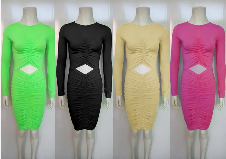 Sexy Waist Cut Out Hollow Out Folds Slim Bodycon Dress Women Long Sleeved Solid Color Skinny Evening Dress Club Party Vestidos