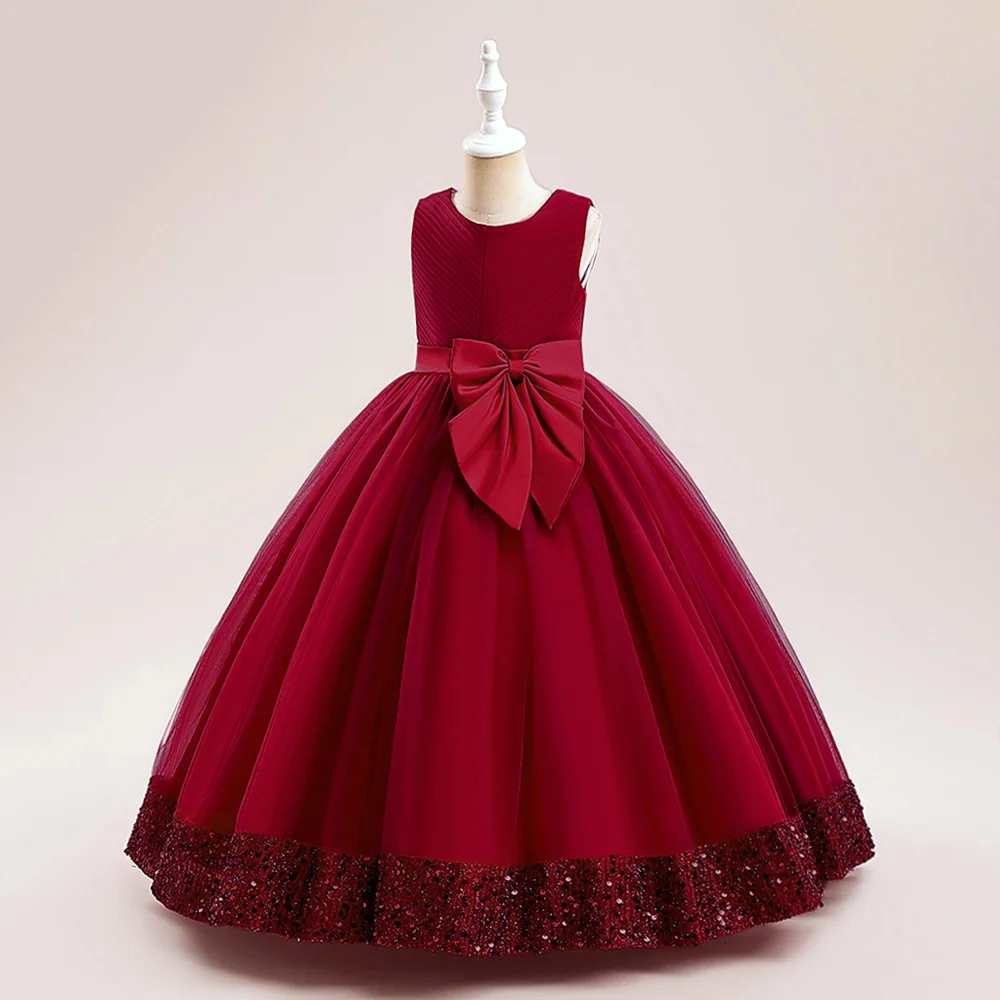 Fluffy Sequin Bridemaid Princess Girls Dress Elegant Bow Pink Wedding Prom Evening Kids Party Dresses for Girl Birthday Costumes