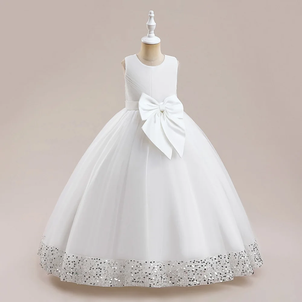 Fluffy Sequin Bridemaid Princess Girls Dress Elegant Bow Pink Wedding Prom Evening Kids Party Dresses for Girl Birthday Costumes