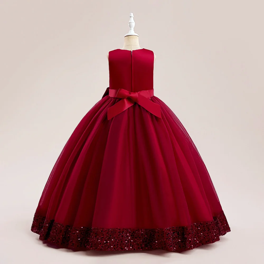 Fluffy Sequin Bridemaid Princess Girls Dress Elegant Bow Pink Wedding Prom Evening Kids Party Dresses for Girl Birthday Costumes