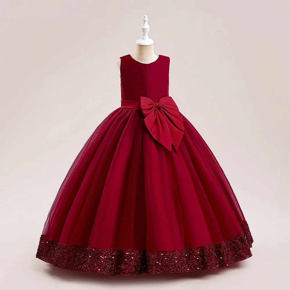 Fluffy Sequin Bridemaid Princess Girls Dress Elegant Bow Pink Wedding Prom Evening Kids Party Dresses for Girl Birthday Costumes