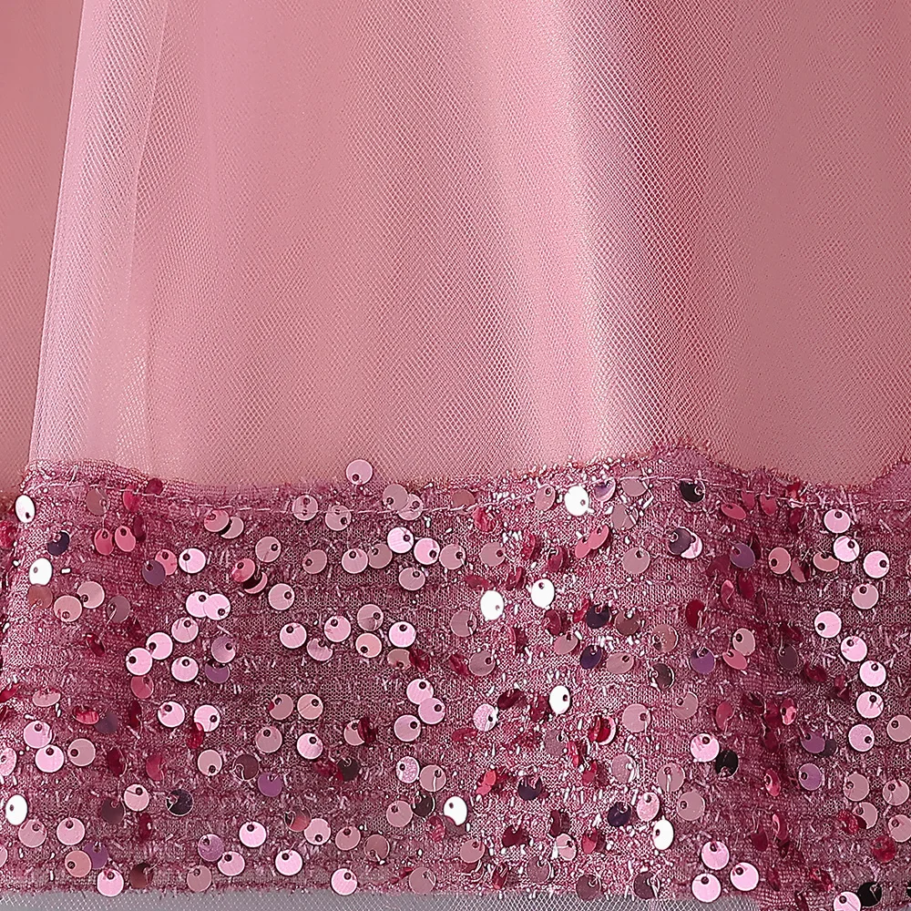 Fluffy Sequin Bridemaid Princess Girls Dress Elegant Bow Pink Wedding Prom Evening Kids Party Dresses for Girl Birthday Costumes