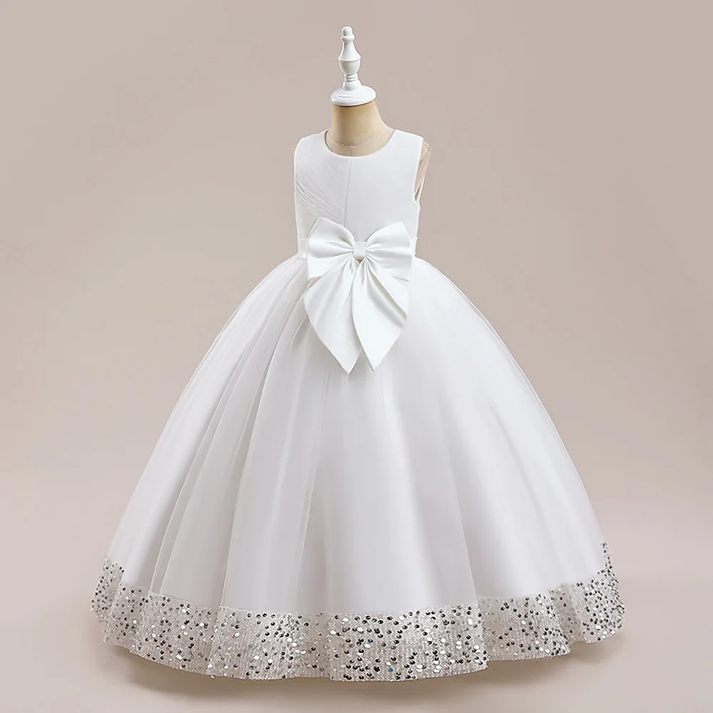 Fluffy Sequin Bridemaid Princess Girls Dress Elegant Bow Pink Wedding Prom Evening Kids Party Dresses for Girl Birthday Costumes