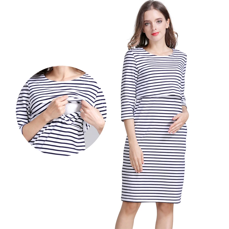 Maternity Nursing Dress Cotton Striped Summer Spring Skirt Pregnancy Dress for Pregnant Woman Dress Breastfeeding Dress