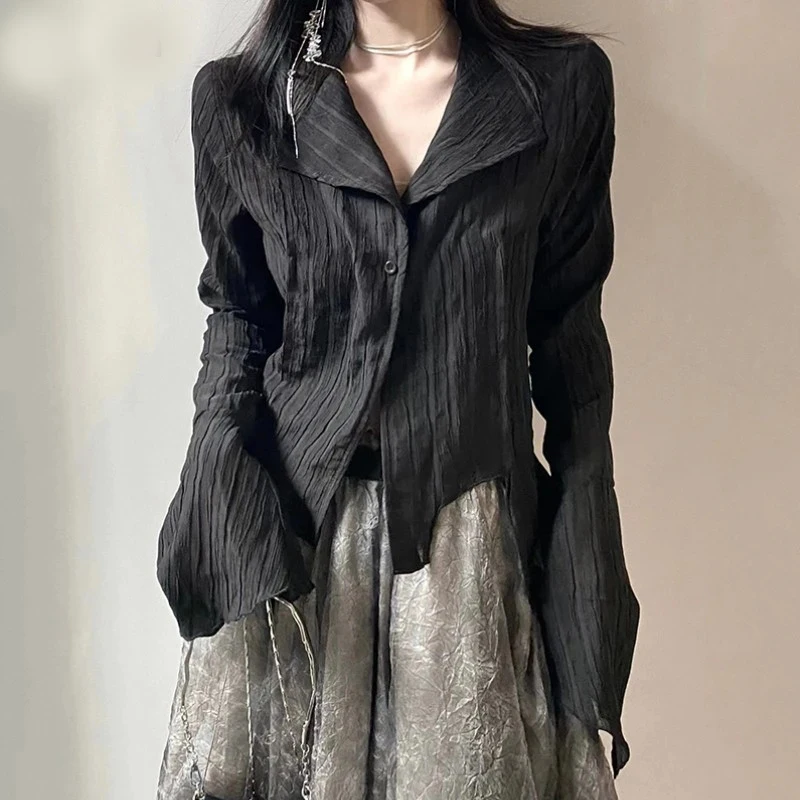 Zoki Harajuku Dark Academic Shirt Women Streetwear Vintage Y2K Blouse Sexy Gothic Long Sleeve Irregular Female Spring New Tops