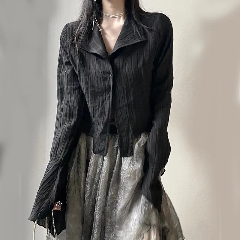 Zoki Harajuku Dark Academic Shirt Women Streetwear Vintage Y2K Blouse Sexy Gothic Long Sleeve Irregular Female Spring New Tops