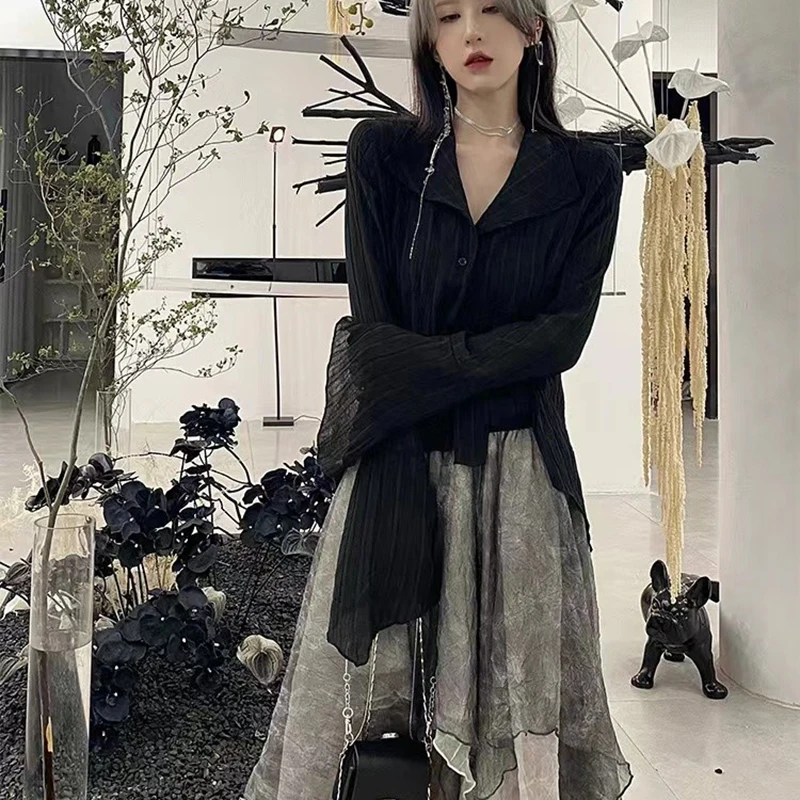 Zoki Harajuku Dark Academic Shirt Women Streetwear Vintage Y2K Blouse Sexy Gothic Long Sleeve Irregular Female Spring New Tops