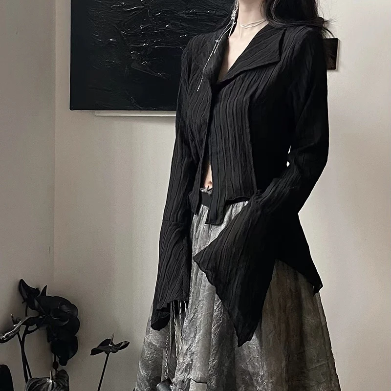 Zoki Harajuku Dark Academic Shirt Women Streetwear Vintage Y2K Blouse Sexy Gothic Long Sleeve Irregular Female Spring New Tops